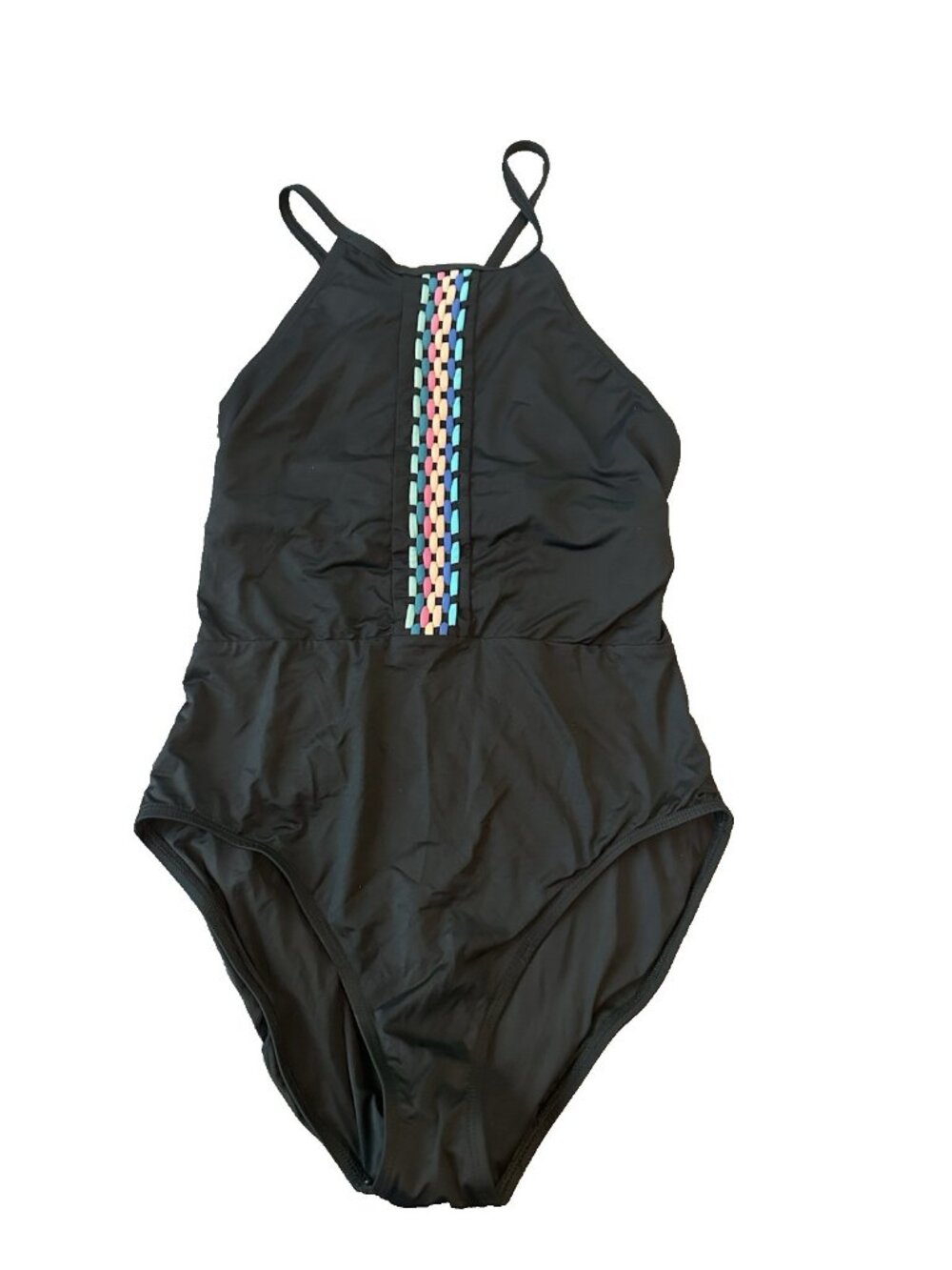 La Blanca One Piece Swimsuit Womens 12 Black High Neck Tummy Control Tie Back